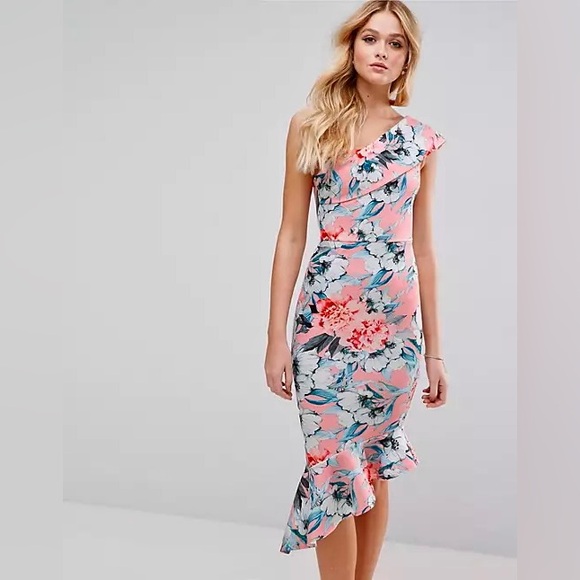 ASOS Pink Blue Floral One Shoulder Scuba Asymmetrical Peplum MIDI Dress Sz US8 - Picture 4 of 15